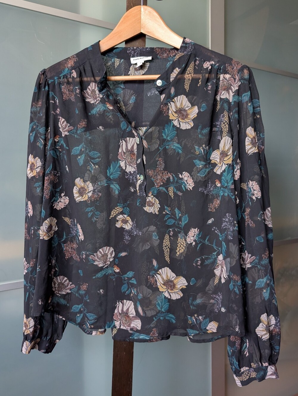 Lovely Frank & Oak Sheer Black Floral V-Neck Blouse XL